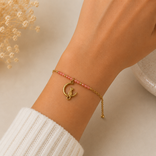 Pulsera Acero Inoxidable Luna y Gato con Cuentas color Salmón