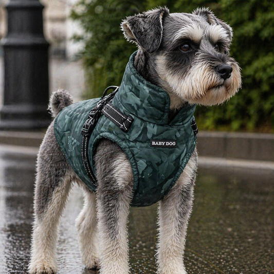 Chubasquero para perro impermeable con arnés integrado. Color verde camuflaje