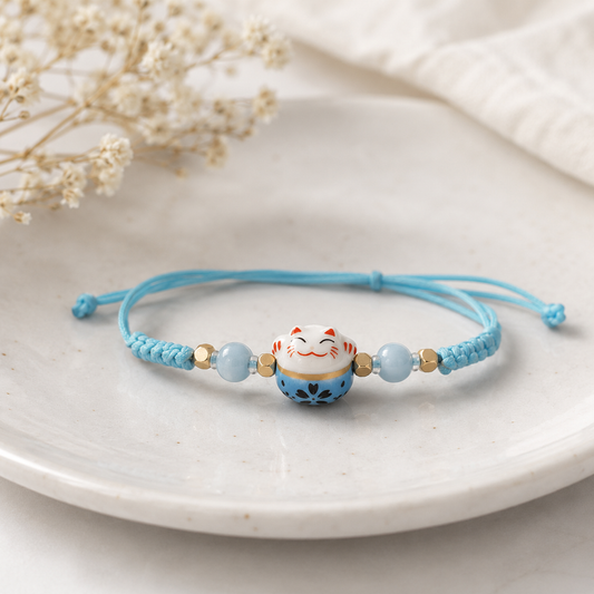 Pulsera de Hilo Ajustable Gato de la Suerte. Azul.