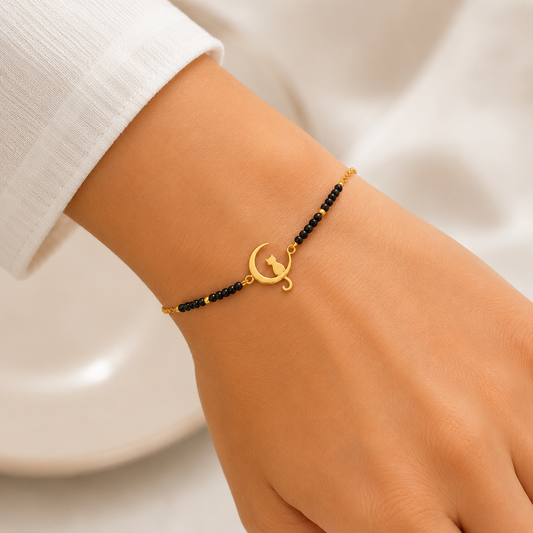 Pulsera Acero Inoxidable Luna y Gato con Cuentas Negras
