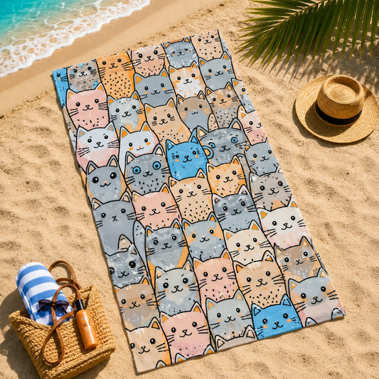 Toalla de playa de microfibra 3 con estampado de gatos de colores 90 x 170 cm.