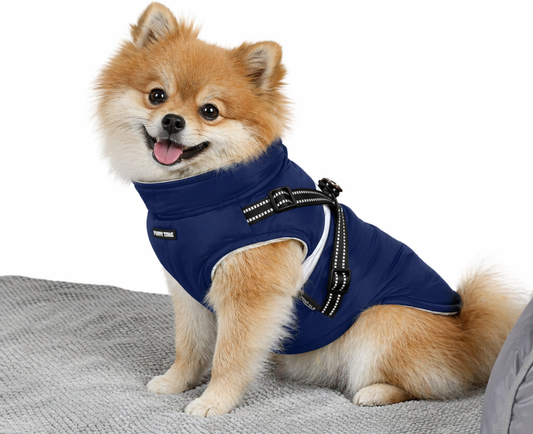 Abrigo para perro con arnés integrado. Color azul